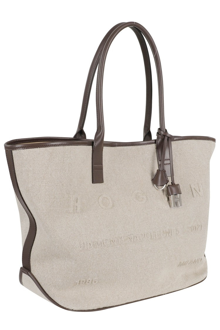 Hogan Beige Medium Address Shopper Linen-Blend Tote Bag