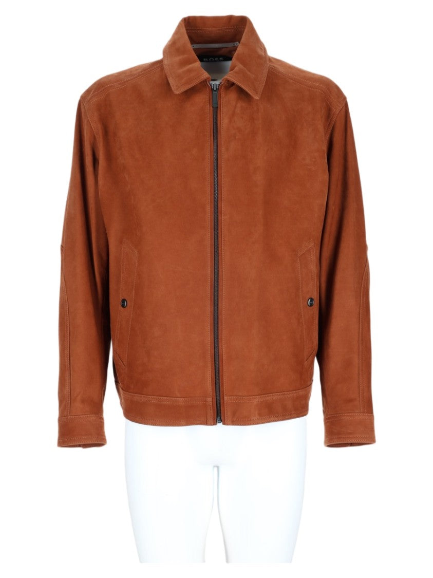 Boss Brown Suede Leather Sport Jacket With Classic Collar