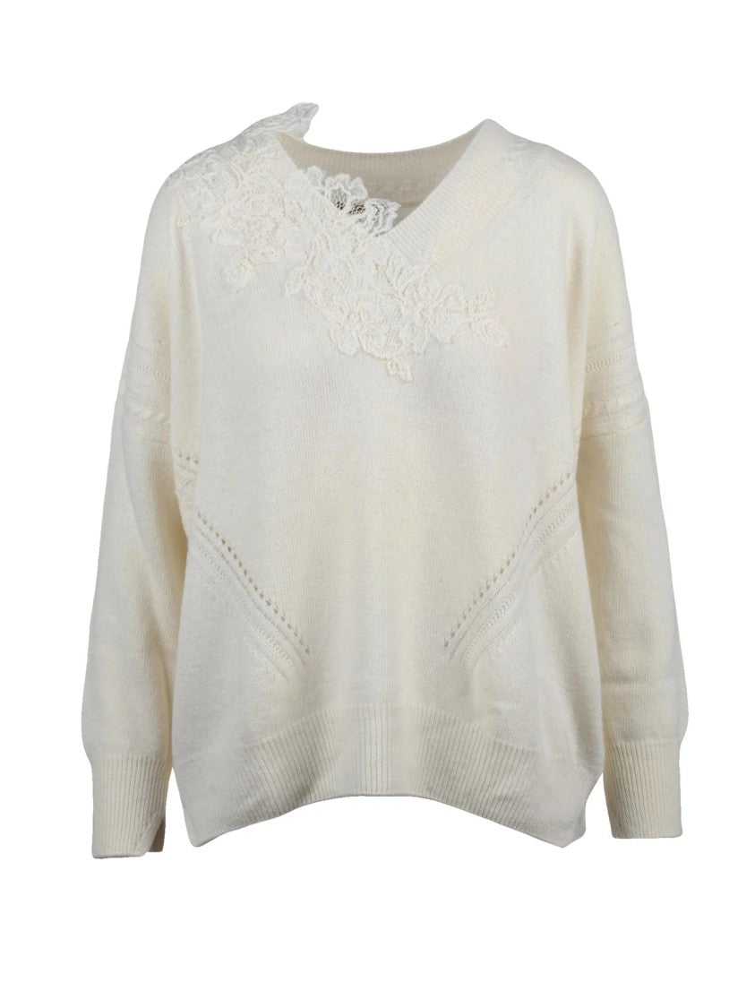 Ermanno Scervino White Embroidered Merino-Cashmere V-Neck Sweater
