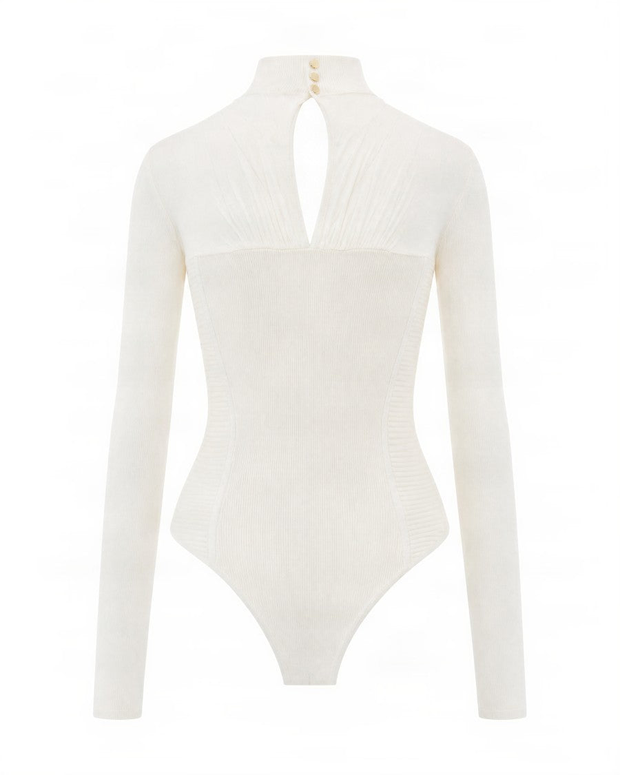 Elisabetta Franchi Butter Sheer Insert High-Neck Viscose-Blend Bodysuit