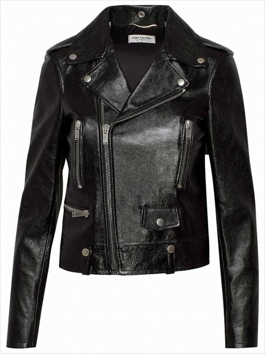 Saint Laurent Cropped Black Leather Jacket With Zipper