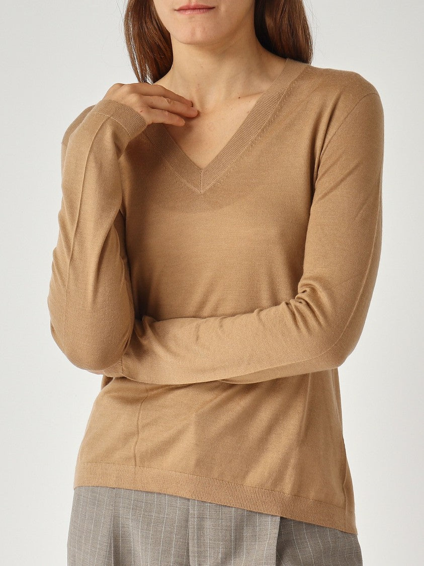 Max Mara Vezzoso V-Neck Sweater In Warm Camel Tone