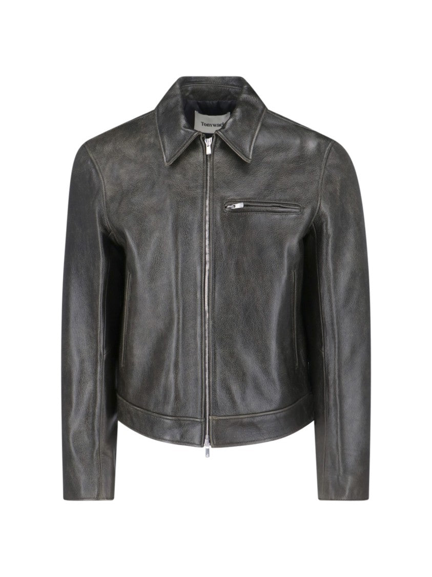 Tonywack Vintage Black Calfskin Leather Jacket With Classic Collar