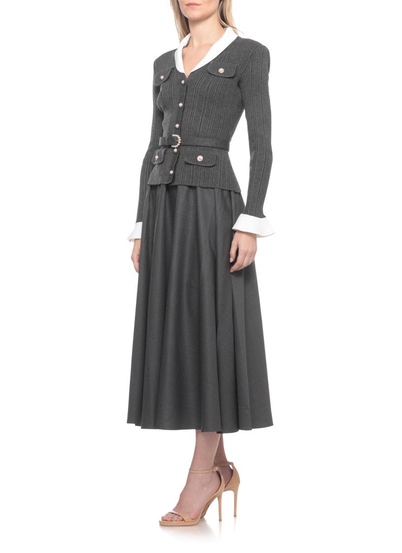 Self-Portrait Knit Twill Midi Dress With White Collar And Versatile Silhouette