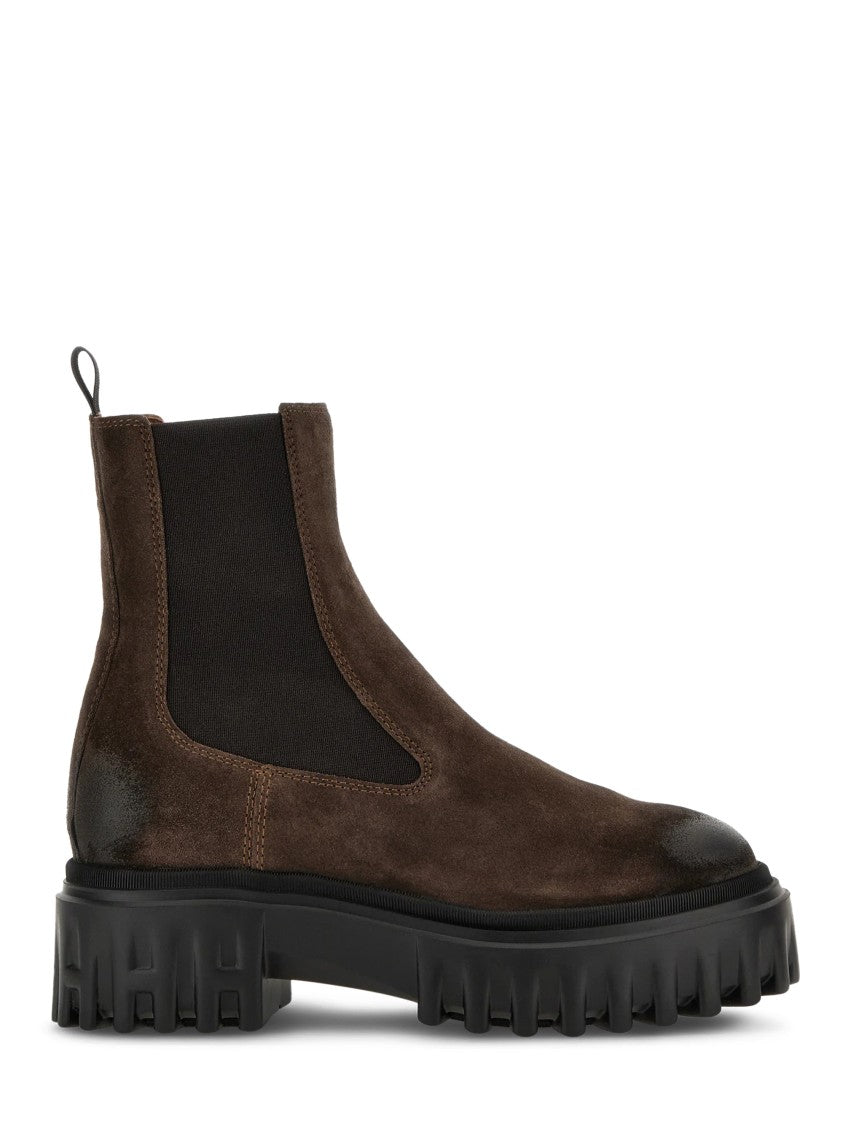 Hogan Brown Leather Ankle Boots With Black Sole