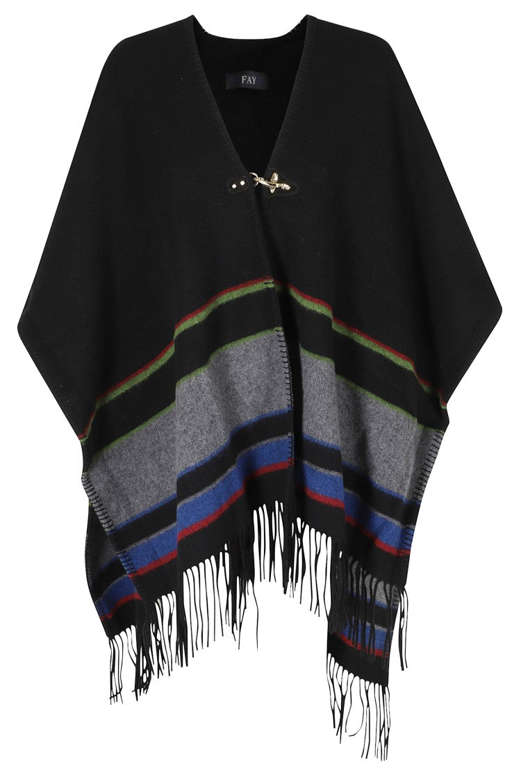 Fay Multicolour Poncho Con Gancio Fringe Trim Wool Cape