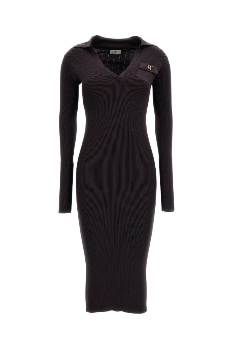 Elisabetta Franchi Ribbed Stretch Knit Midi Dress With Pointed Collar And Gold-Tone Logo
