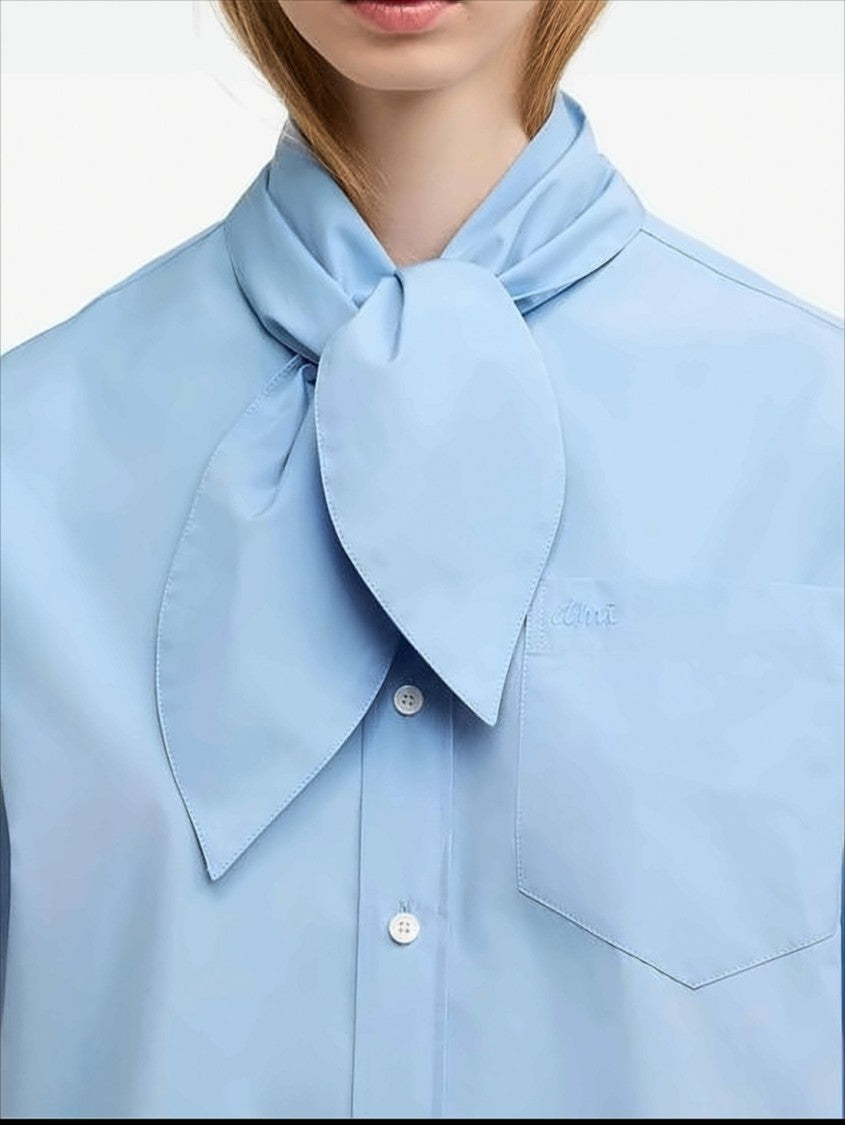 Ami Paris Light Blue Long-Sleeve Shirt With Oversized Bow Tie Detail