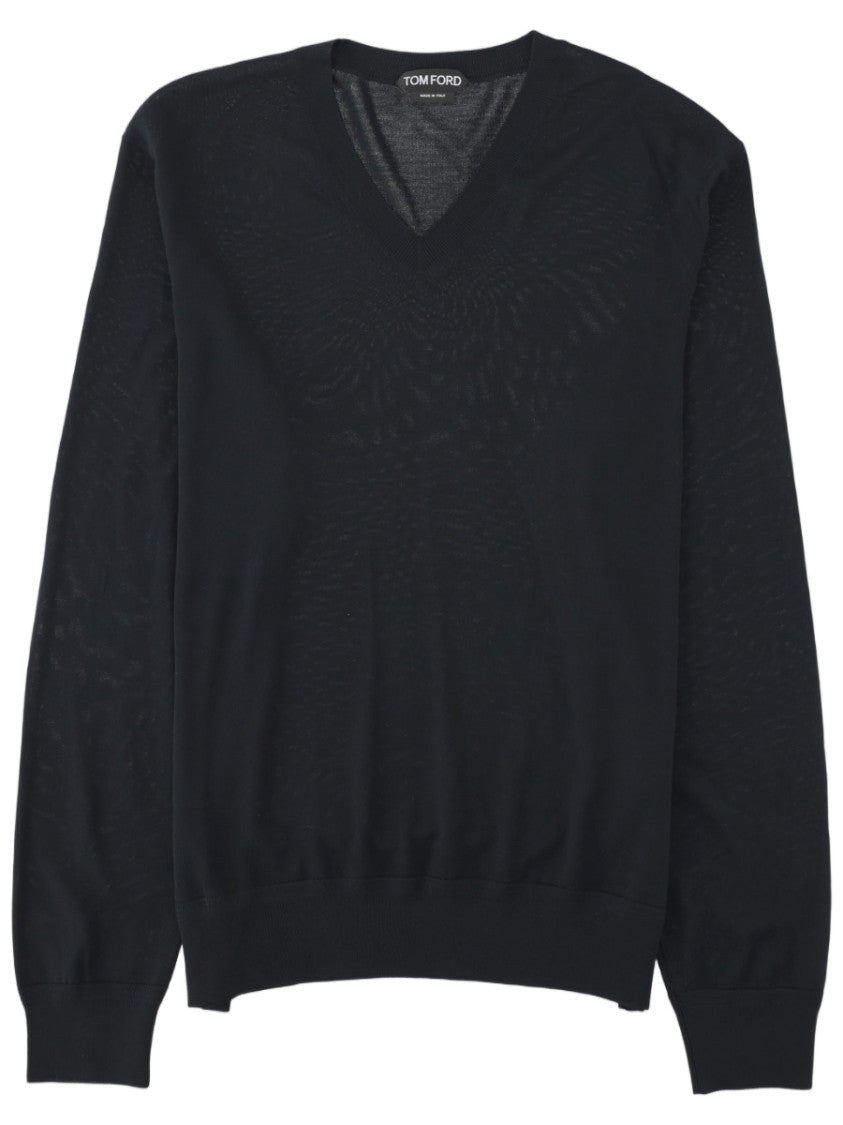 Tom Ford V-Neck Black Wool Sweater With Ribbed Details