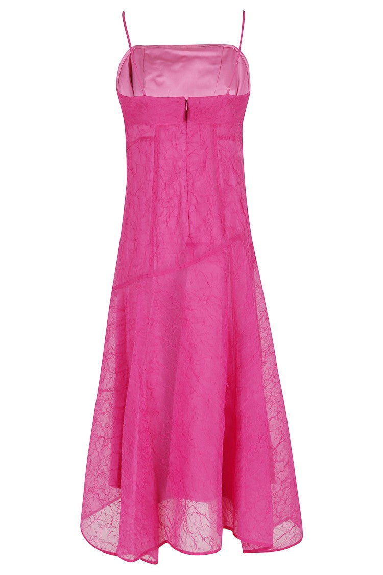 Ganni Raspberry Shibori Organza Asymmetric Recycled-Polyester Midi Dress