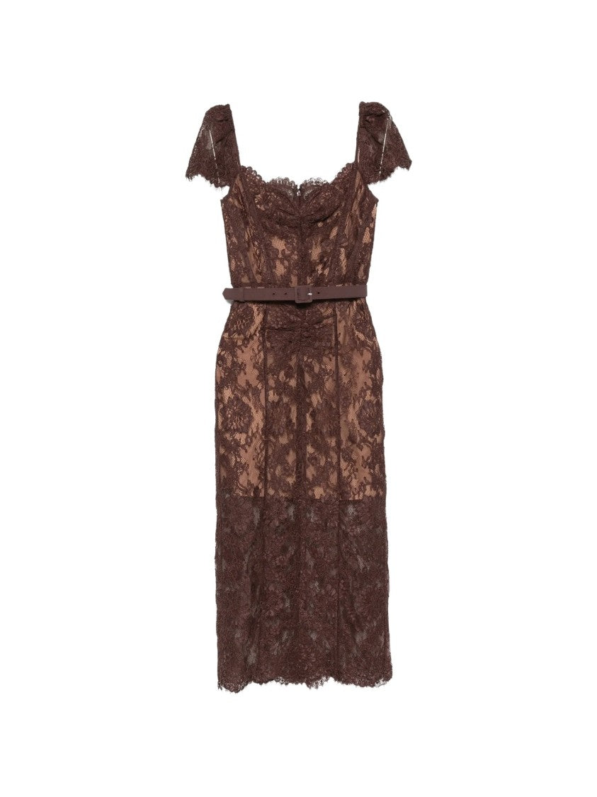 Self-Portrait Brown Lace Scalloped-Hem Midi Dress