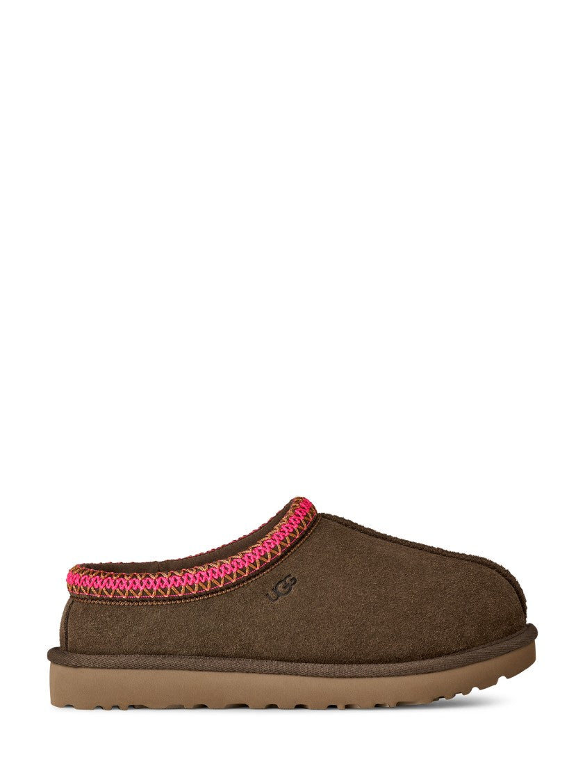 Ugg Dark Brown Slippers With Embroidered Pink Trim