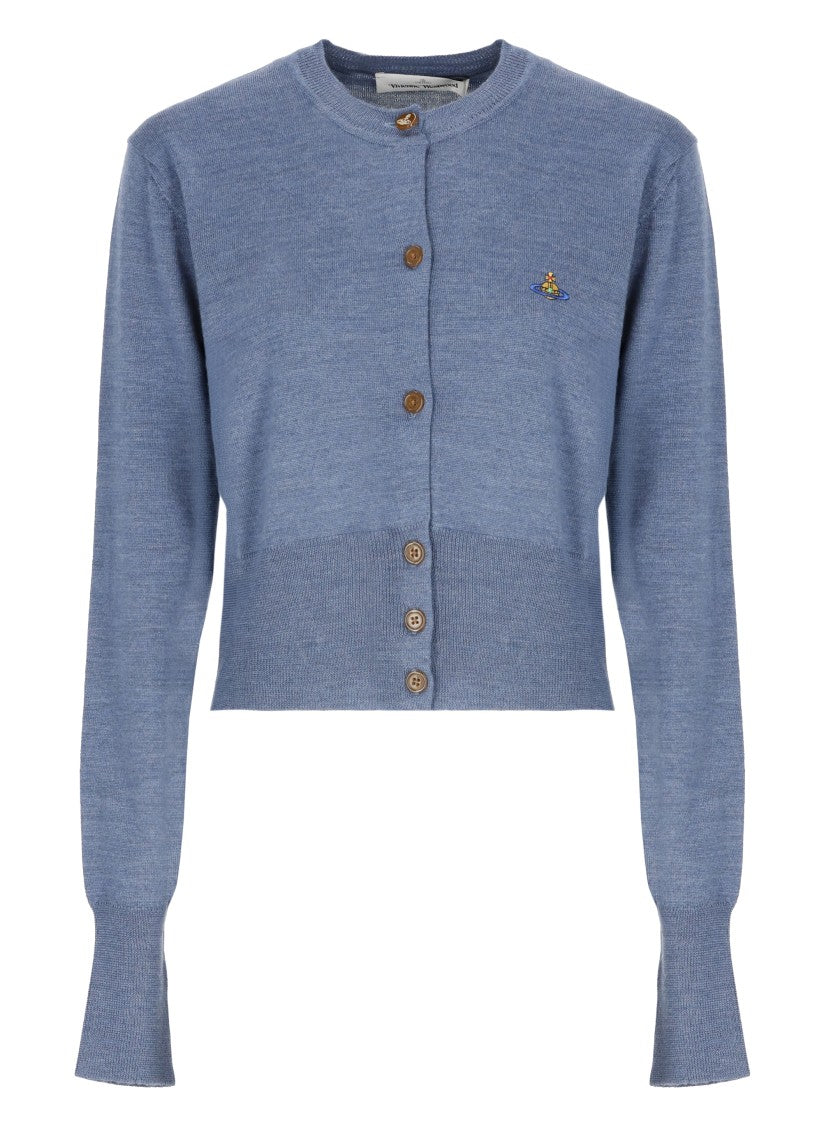 Vivienne Westwood Blue Wool Knit Bea Cardigan With Embroidered Logo
