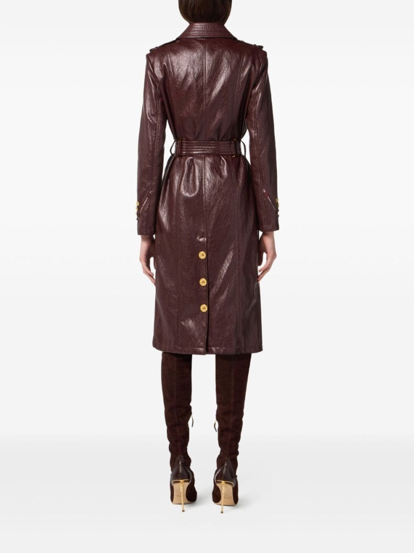Elisabetta Franchi Bordeaux Double-Breasted Trench Coat With Glossy Finish