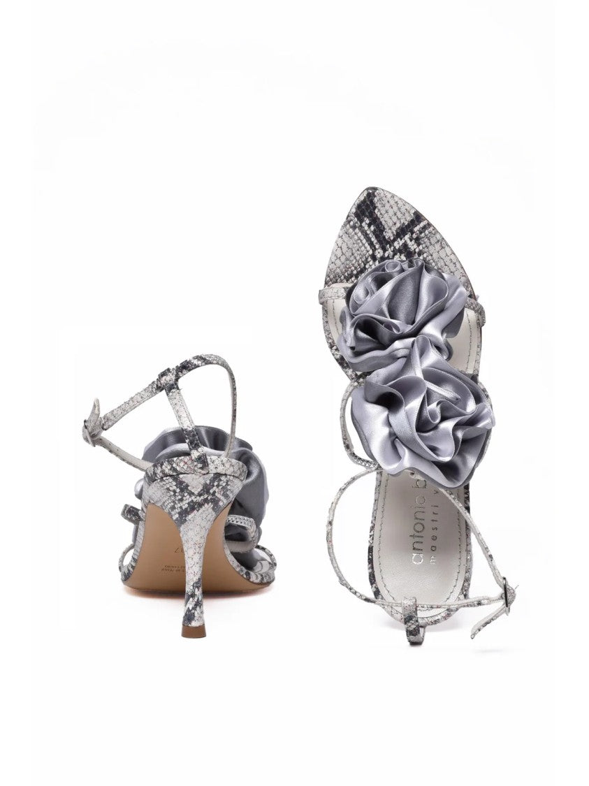 Antonio Barbato Grey Glitter Satin Rosette Snakeskin-Pattern Sandals