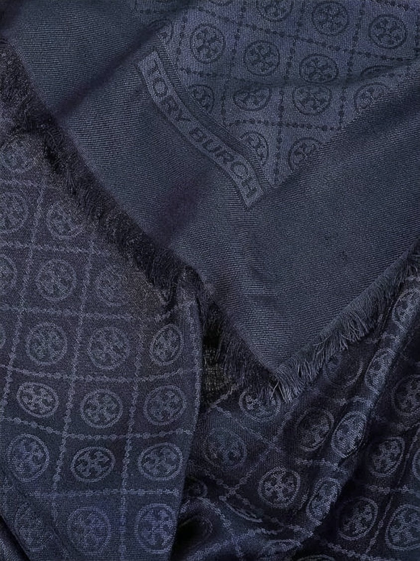 Tory Burch Navy Silk-Wool Blend Scarf With Geometric Motifs