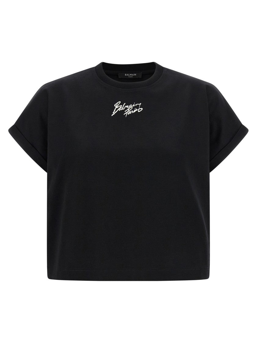 Balmain Cropped Cotton Crewneck T-Shirt With Turn-Up Cuffs And Logo Print