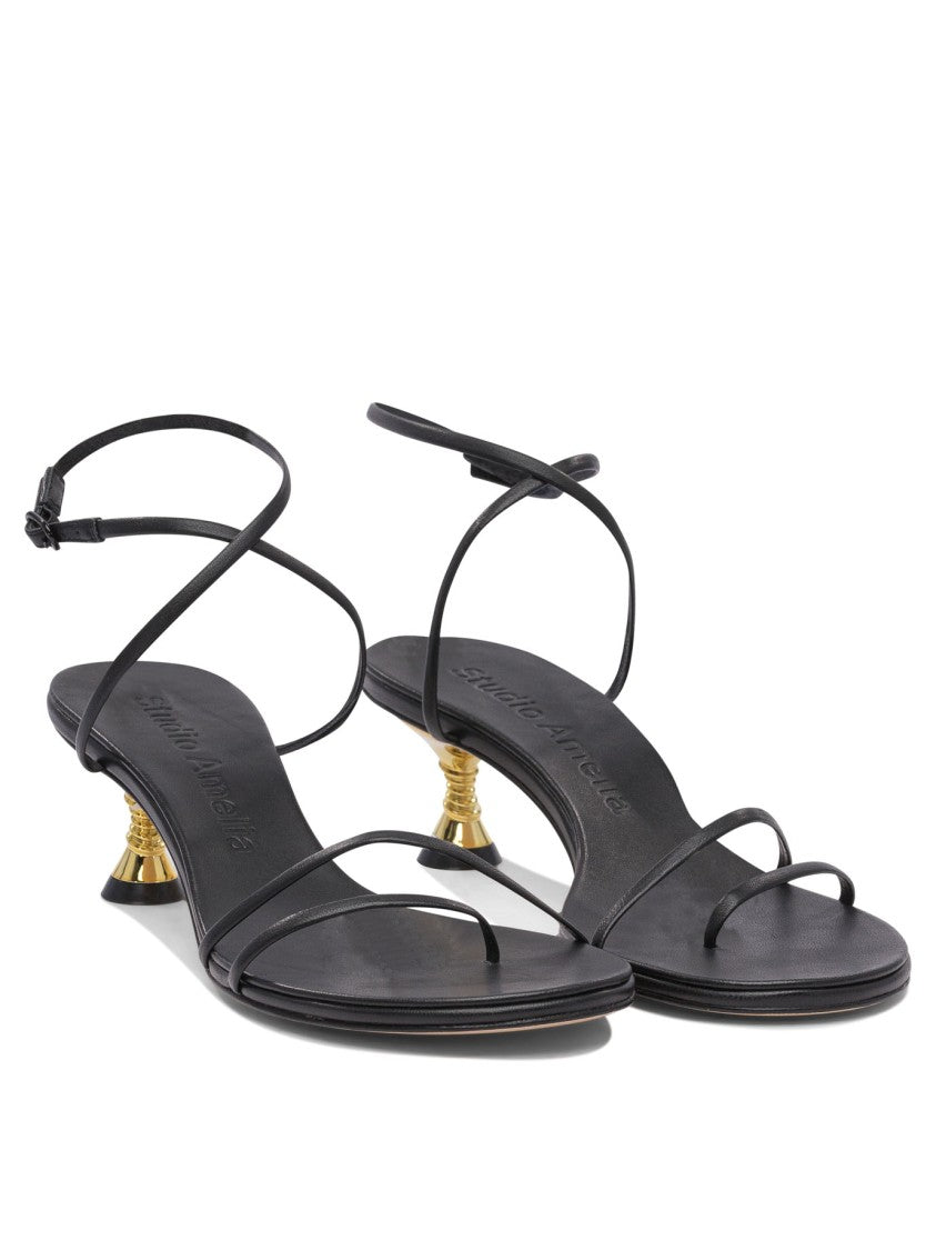 Studio Amelia Black Leather Sandals With Gold Accent Heel
