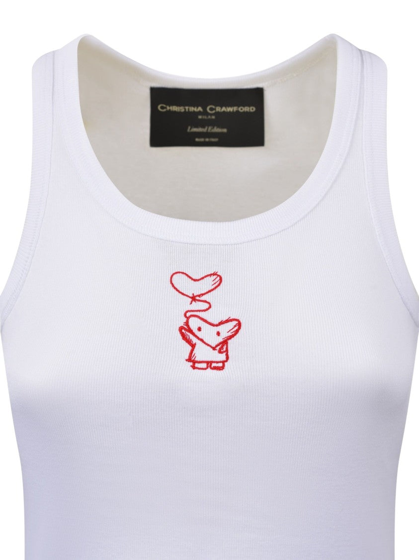 Christina Crawford White Heart Embroidered Cotton Tank Top