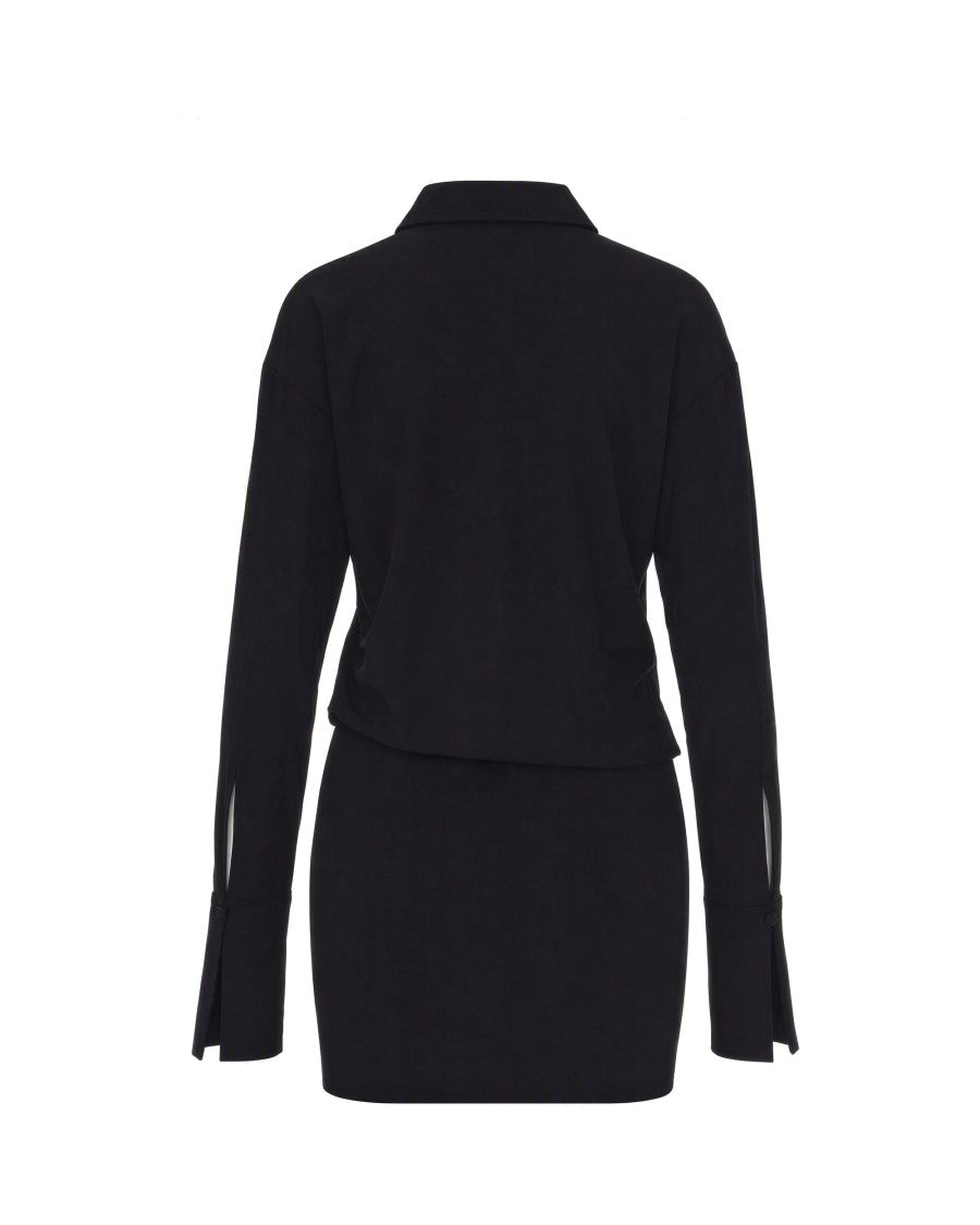 The Andamane Black Draped Gathered Polyester-Blend Mini Dress