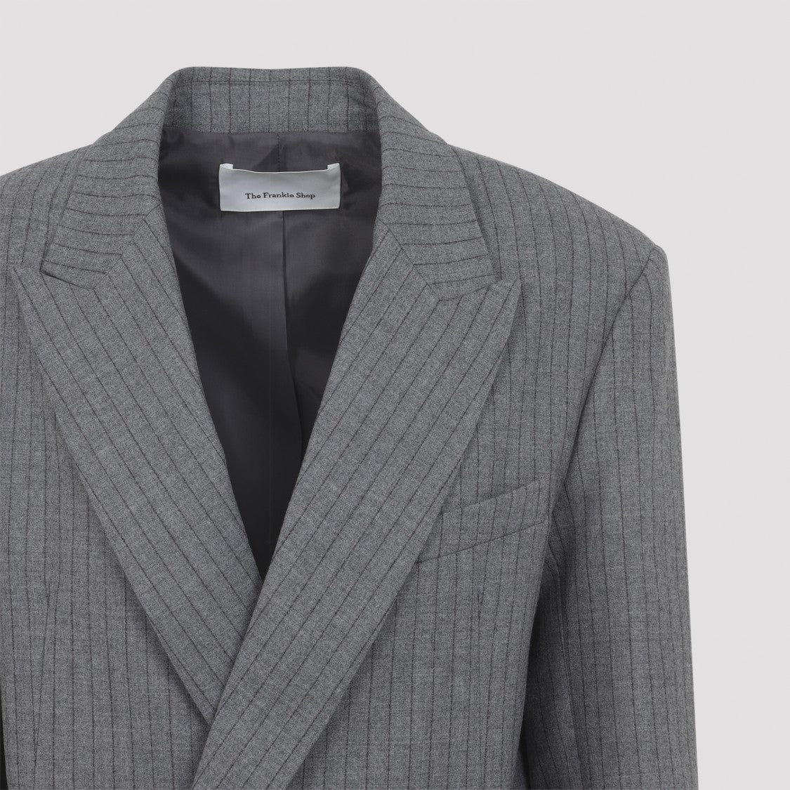 The Frankie Shop Grey Wool Newark Pinstripe Double Breasted Blazer