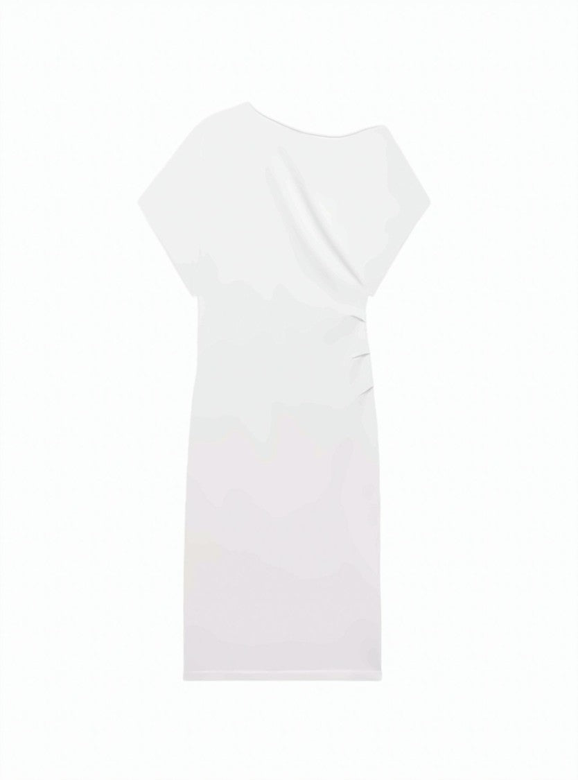 Alpha Studio Asymmetrical Ruched Side Viscose Midi Dress
