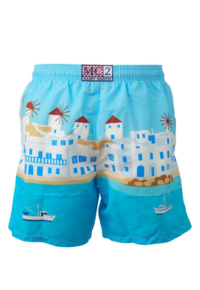Mc2 Saint Barth Men's Swimwear Shorts With Vibrant Seaside Town Print