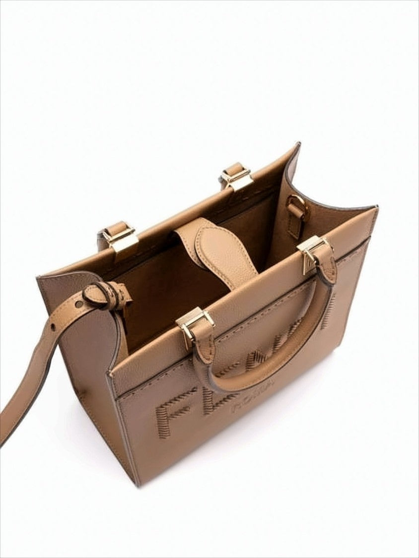 Fendi Textured Leather Tote Bag With Stitched Logo