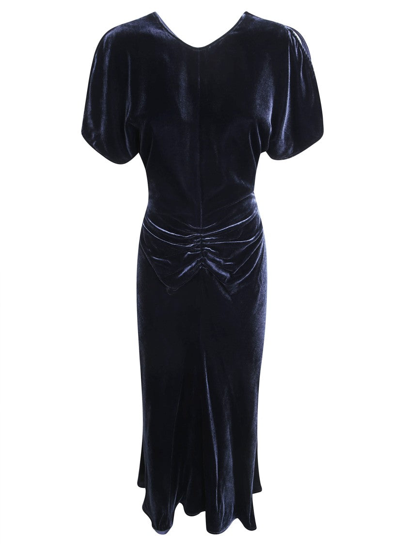 Victoria Beckham Bela Ruched Velvet Puffed-Sleeve Midi Dress
