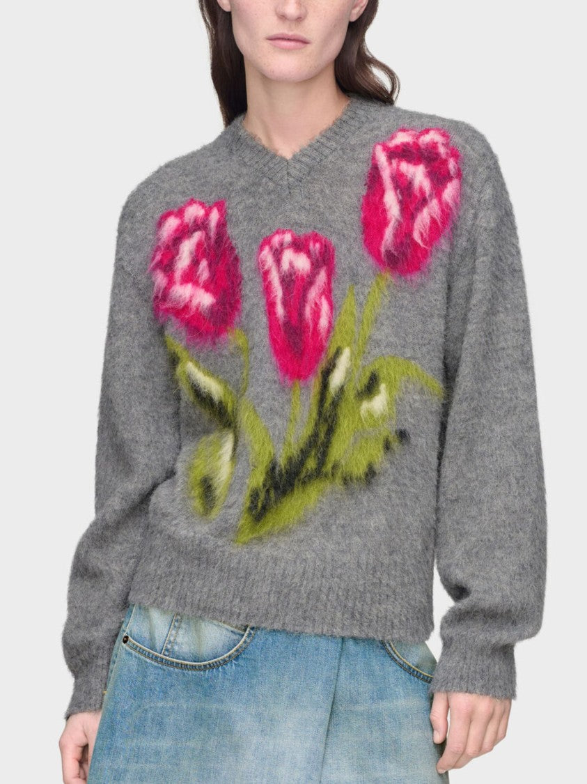 Maison Margiela Grey Relaxed Fit Artistic Floral Wool Sweater