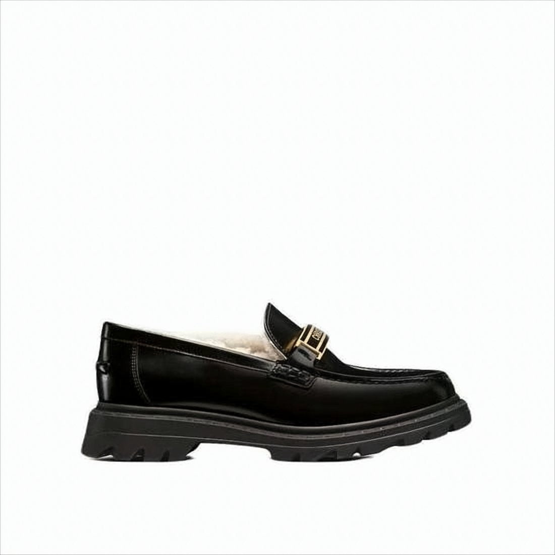 Christian Dior Black Calf Leather Loafers With Gold-Tone Buckle And Rugged Sole
