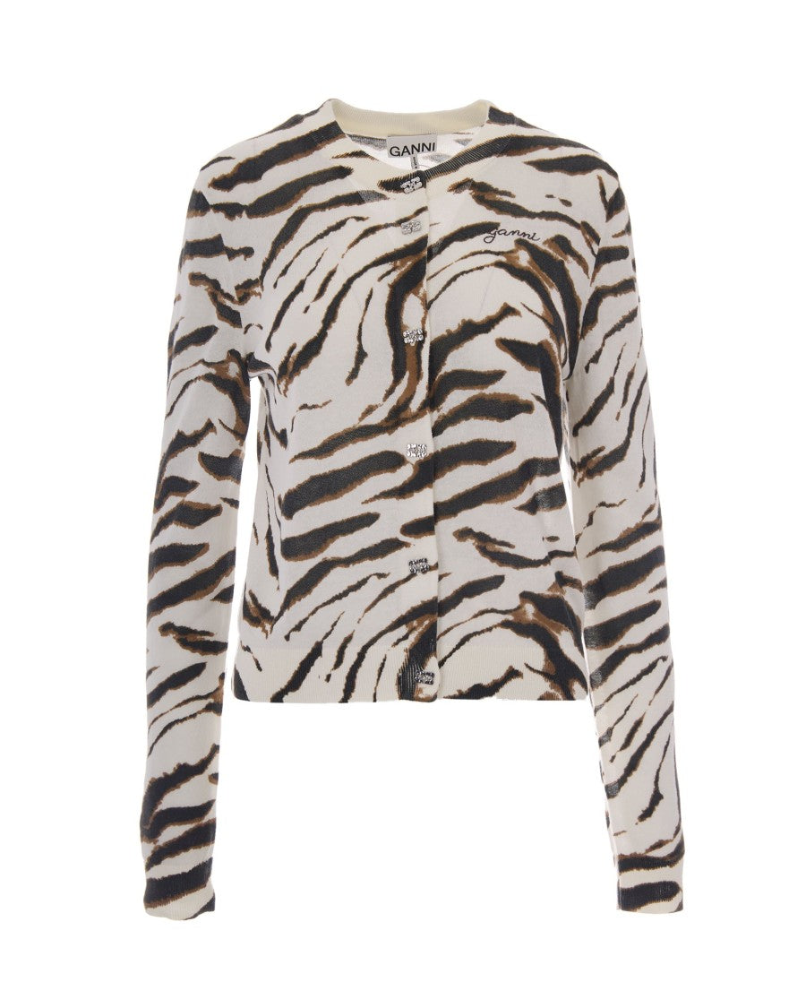 Ganni Sheer Printed Cardigan With Round Neckline And Button Closure