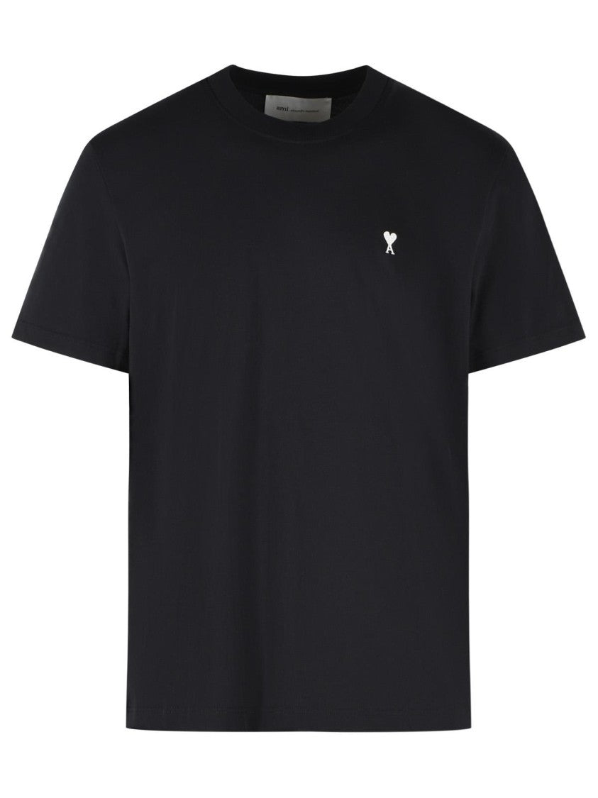 Ami Paris Classic Black Cotton T-Shirt With Ribbed Crew Neck