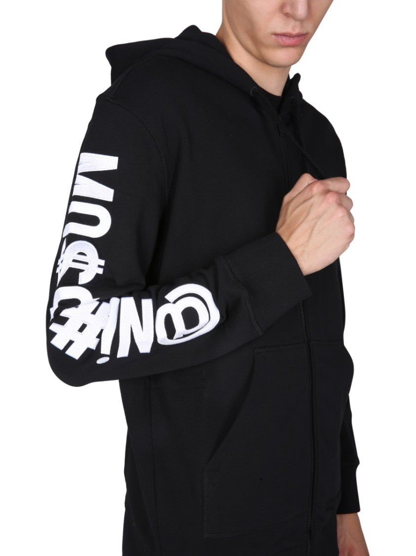 Moschino Logo-Embroidered Black Zip-Up Hoodie With Drawstring