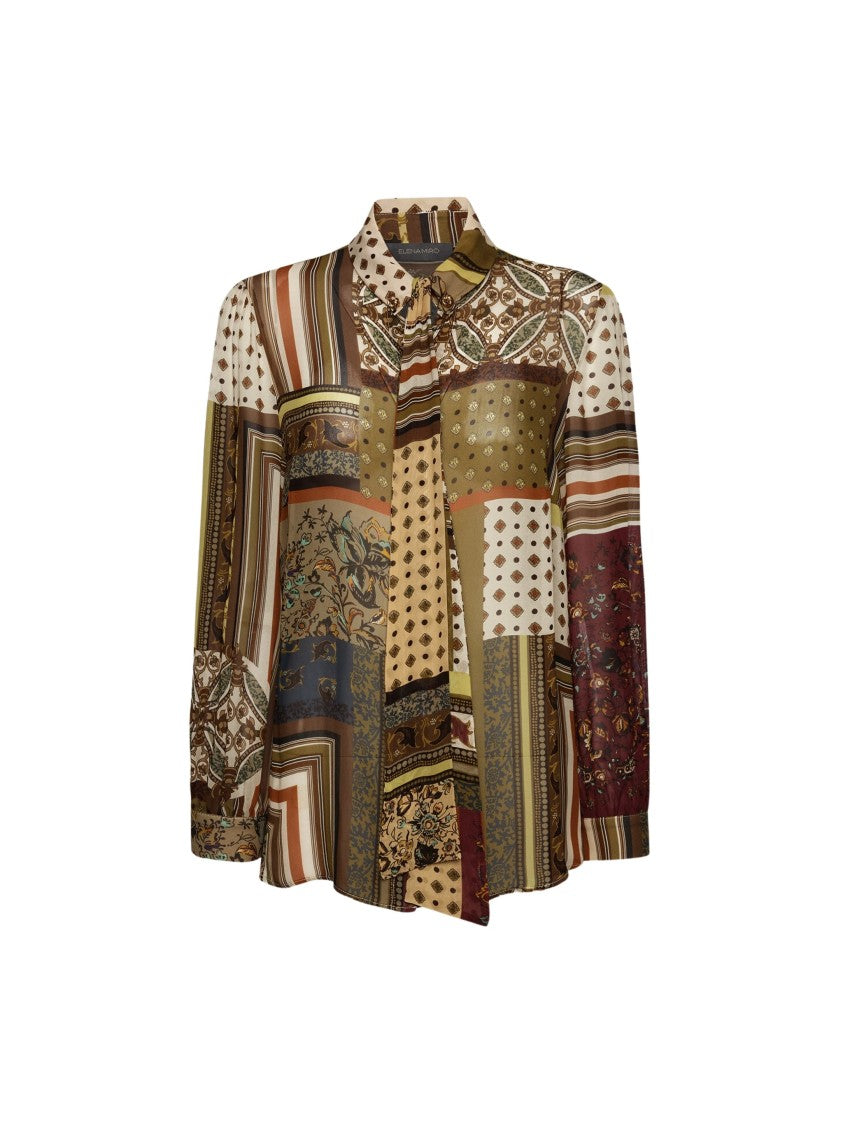Elena Miro` Patchwork Viscose Tie-Neck Scarf Blouse