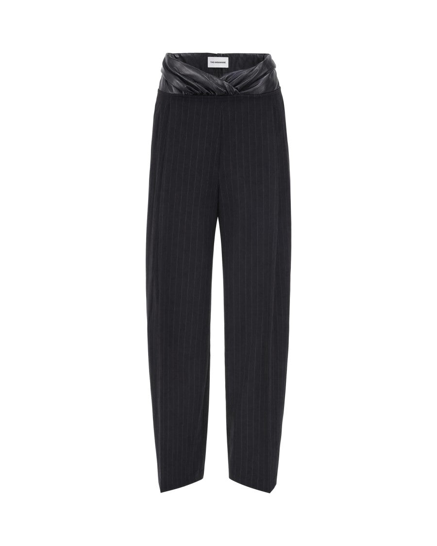 The Andamane Black Pinstripe Draped Synthetic Leather Cotton-Blend Wide-Leg Pants