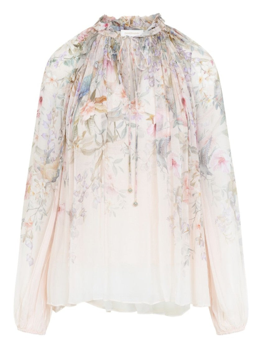 Zimmermann Beige Floral Print Sheer Blouse With Tie Detail