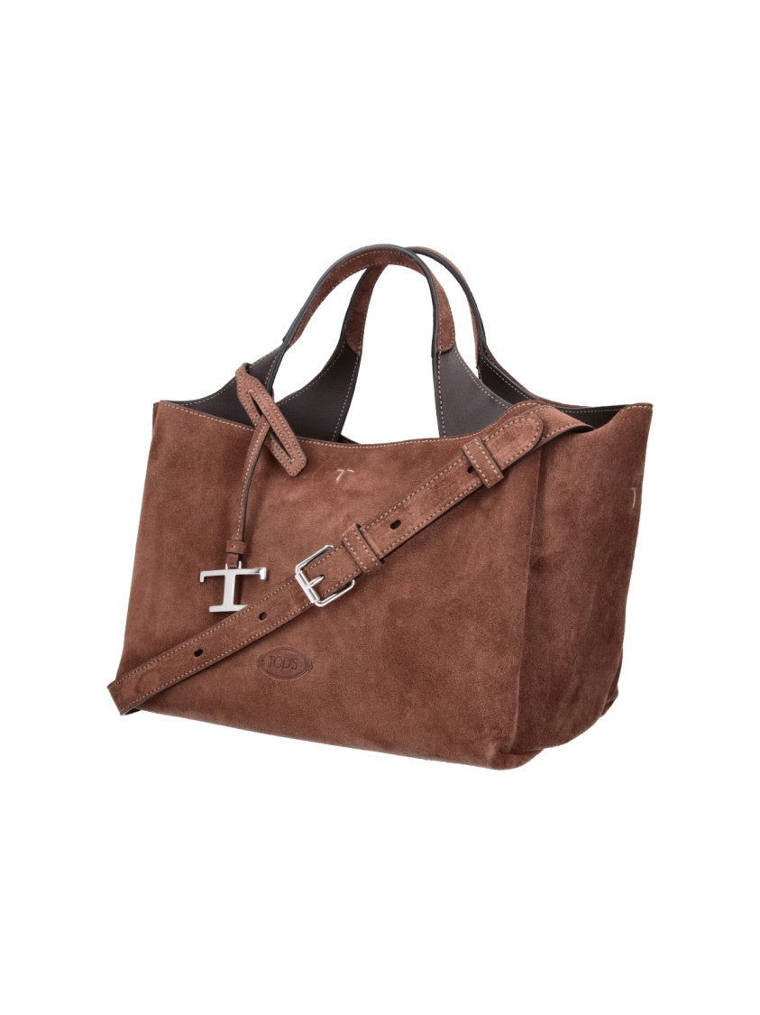 Tod's Brown Calfskin Suede Mini T Timeless Shoulder Bag