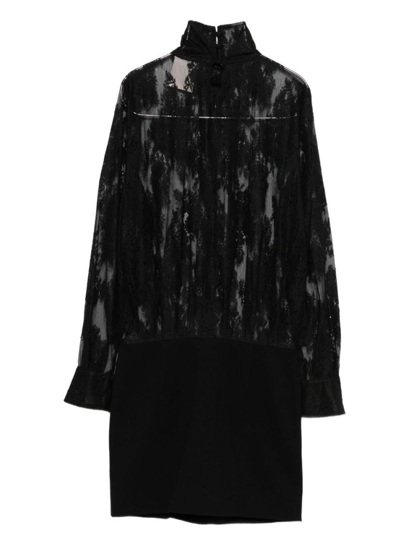 Semi Couture Sheer Lace Bodice Mini Dress With Ruffle Cuffs