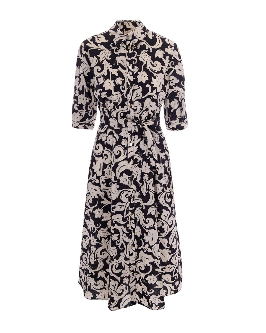 Liu Jo Midi Popeline Floral Dress With Classic Collar And Waist Belt