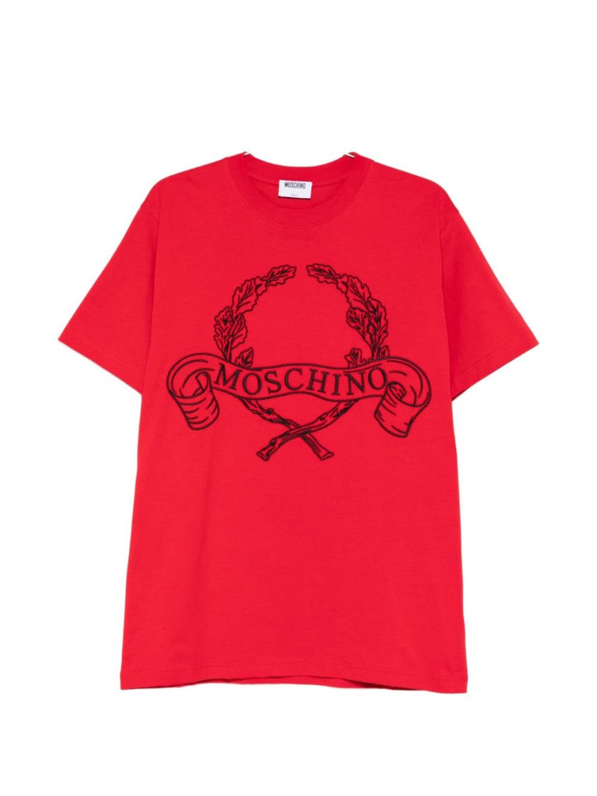 Moschino Red Wreath Design Graphic Silk T-Shirt