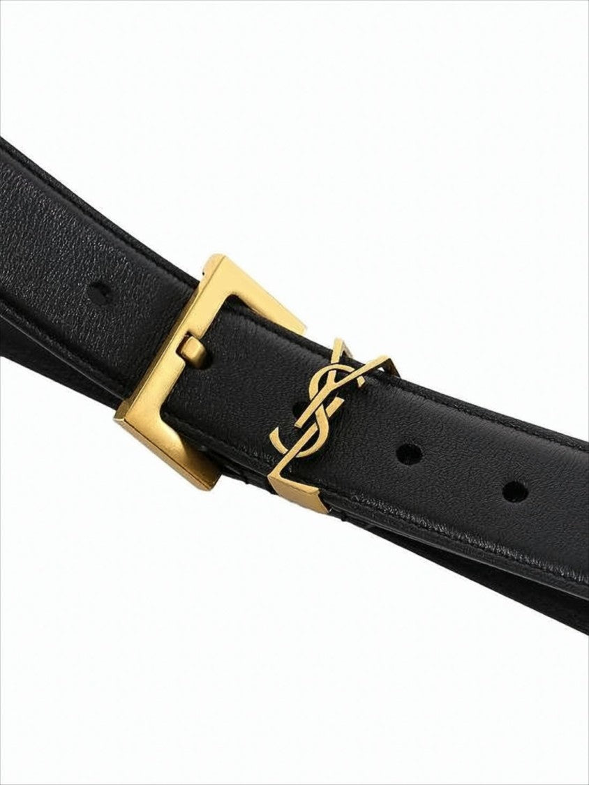 Saint Laurent Slim Black Calf Leather Belt With Gold-Tone Buckle
