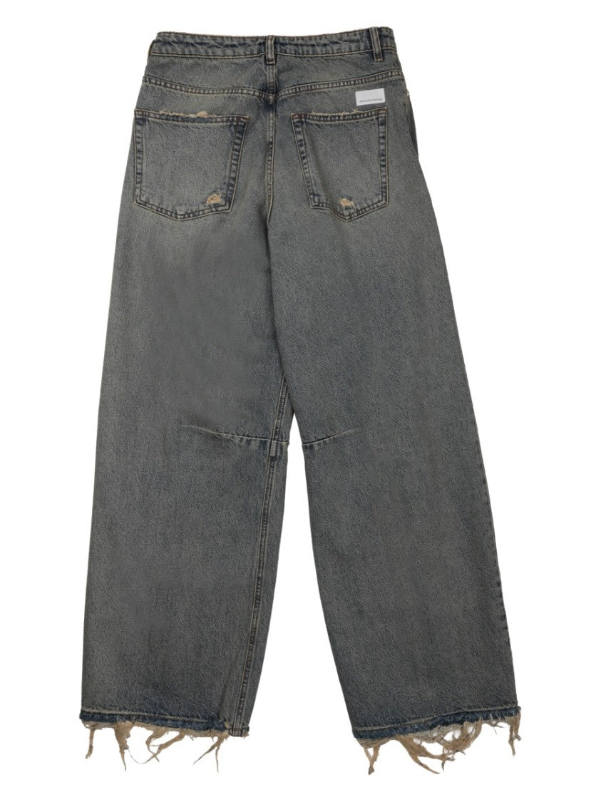 Nine In The Morning Grey Ergonomic Distressed Cotton Wide-Leg Pants