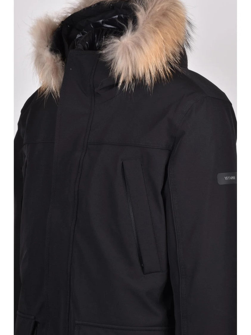 Yes Zee Black Fur-Trimmed Hood Stretch Nylon Down Jacket