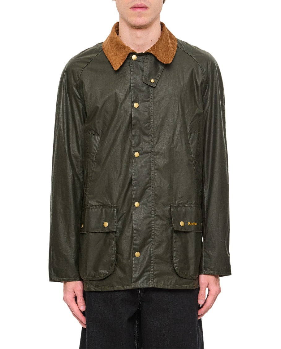 Barbour Dark Green Waxed Jacket With Ribbed Point Collar