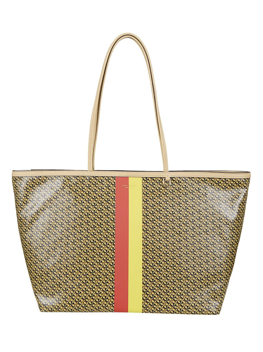Tory Burch Racer Tote Bag With Bold Stripes And Clip Closure