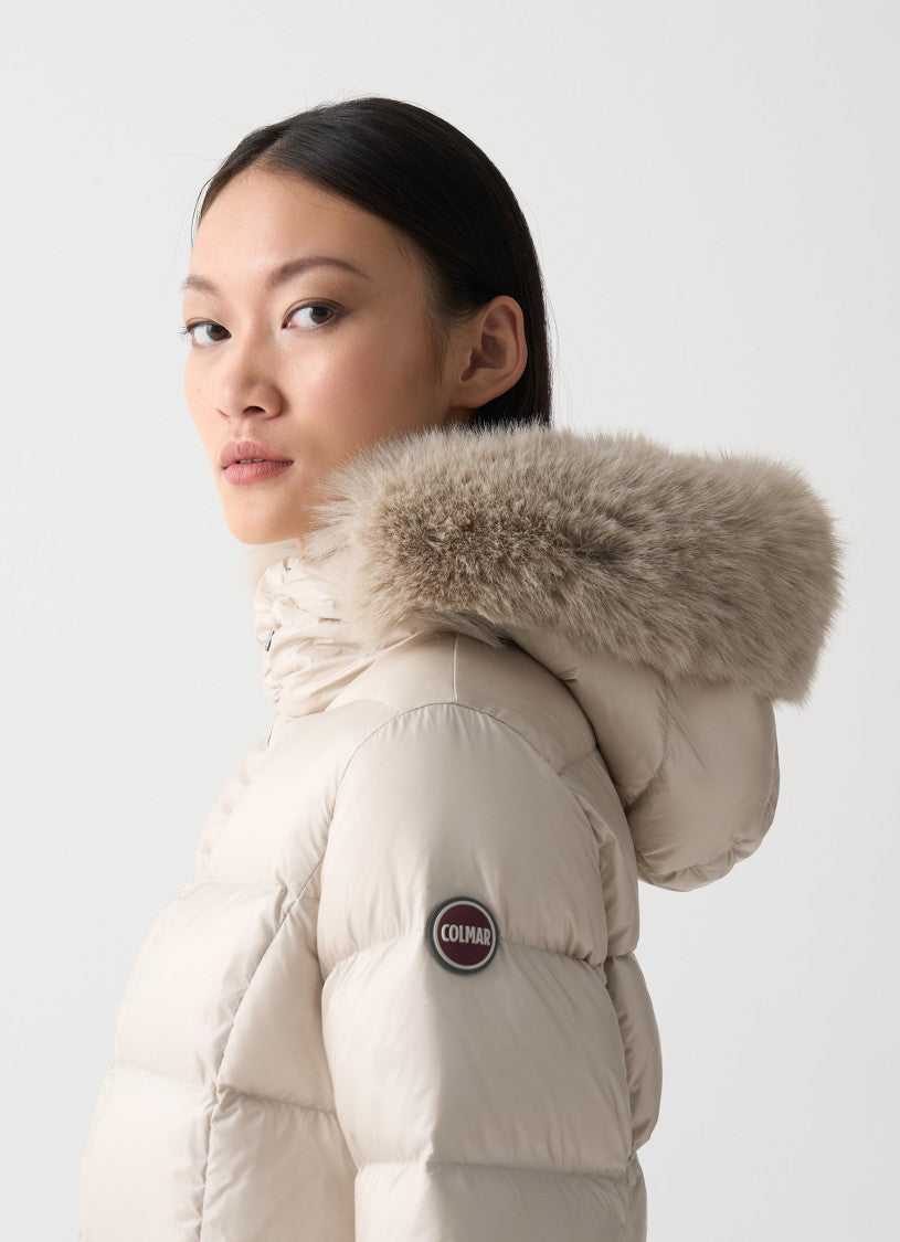 Colmar Originals Long Puffer Coat With Synthetic Fur Trim