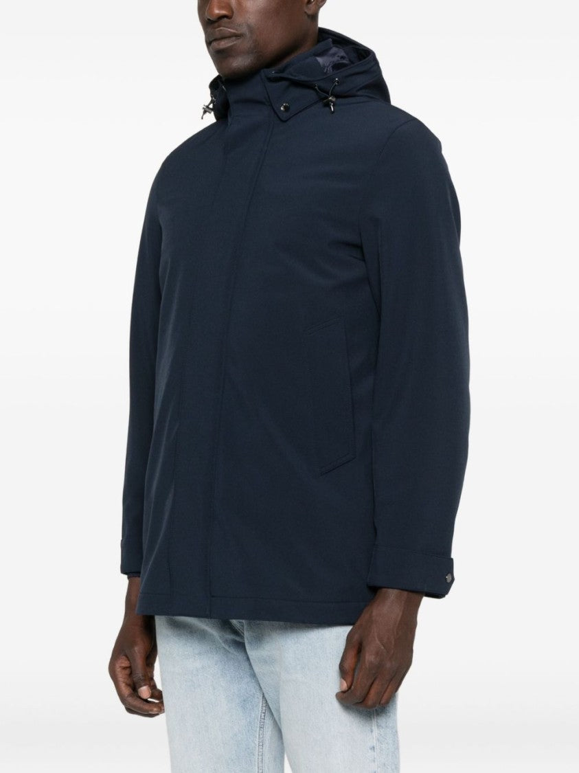 Woolrich Navy Blue Hooded Jacket With Concealed Fastening