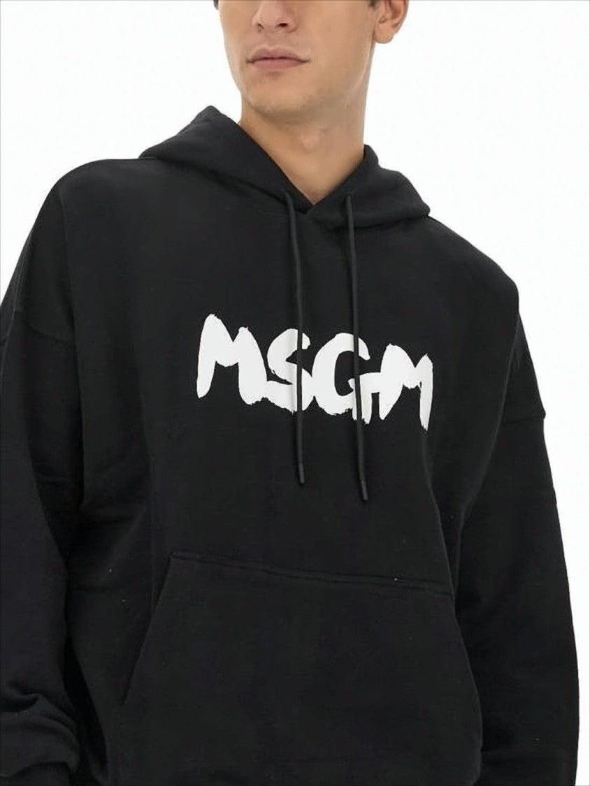 Msgm Relaxed Fit Black Hoodie With Bold Logo