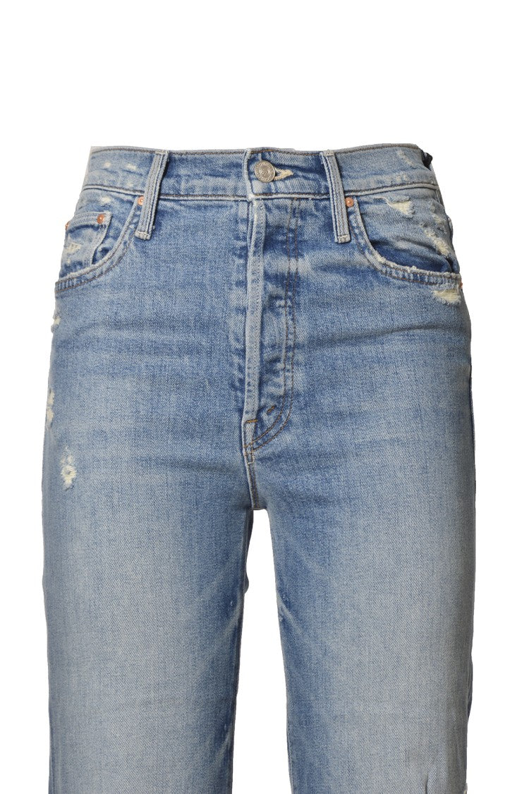 Mother Distressed Straight Leg Jeans In Blue Denim